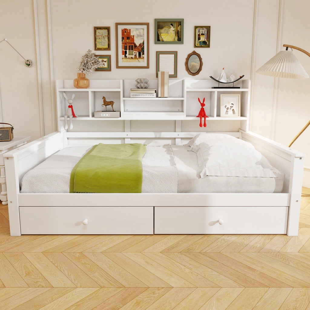 Letto singolo 90×200 cm con 2 cassetti; ripiani laterali e rete; senza materasso; legno; bianco
