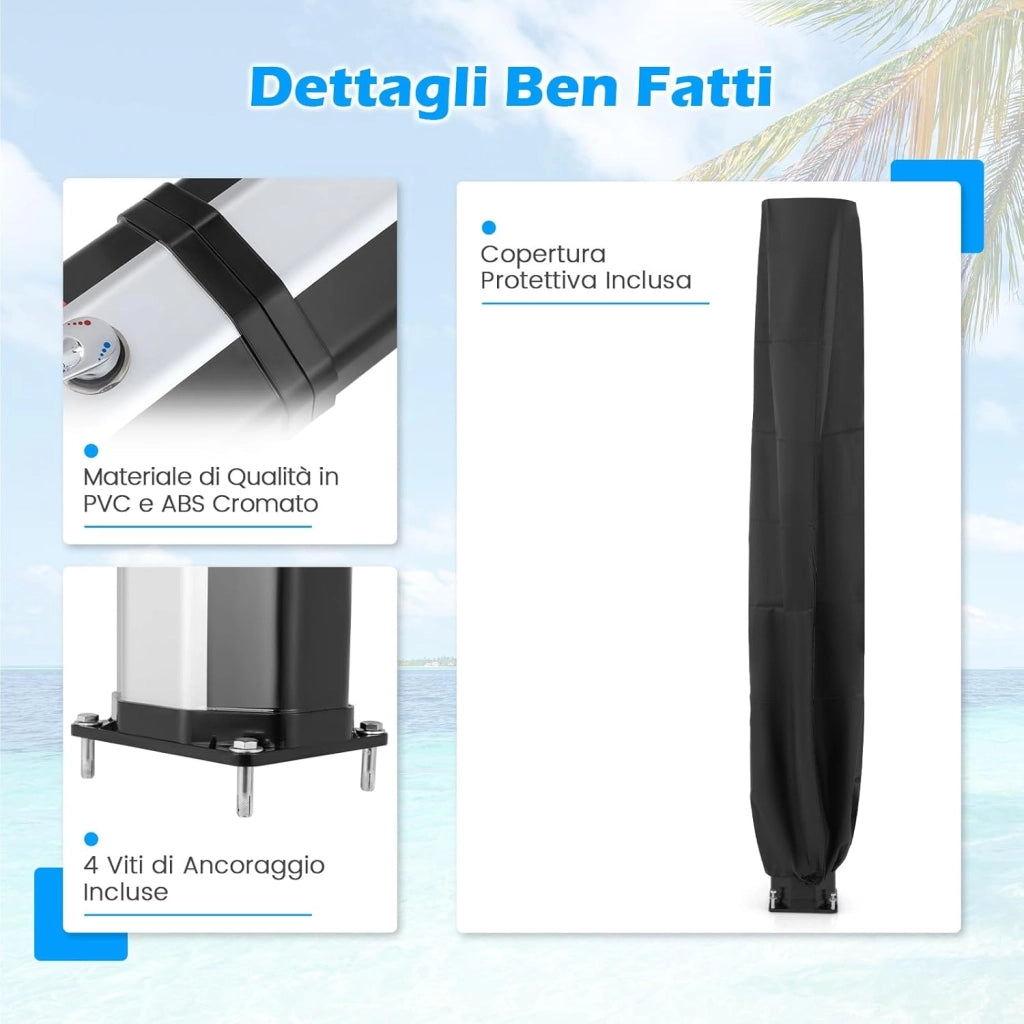 Doccia Solare da Esterno 60 L, Doccia da Giardino con Soffione 360°, Rubinetto per Piedi, Copertura Protettiva e Attacco per Tubo da Giardino, Fino a 60°C, per Piscina e Campeggio (Modello 2)