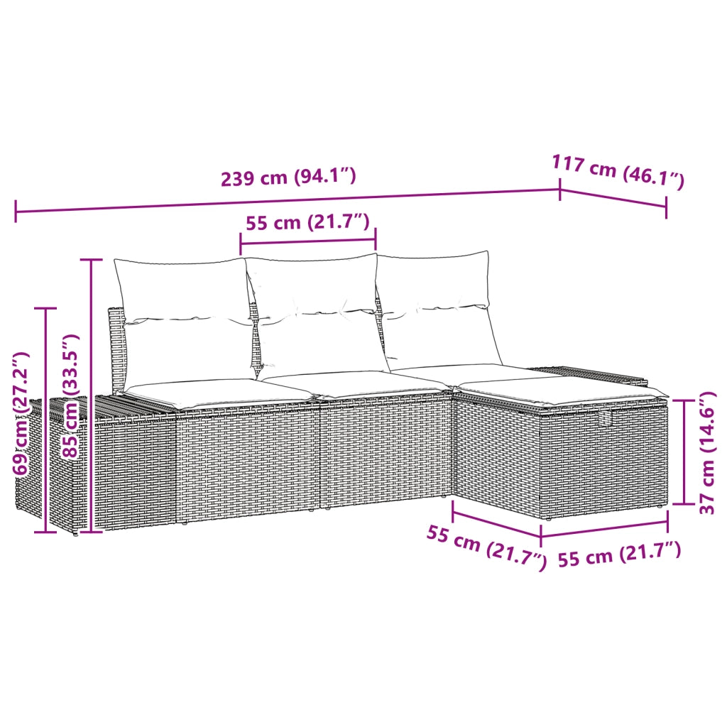 Set di divani da giardino 4 pezzi con cuscini in grigio polyrattan
