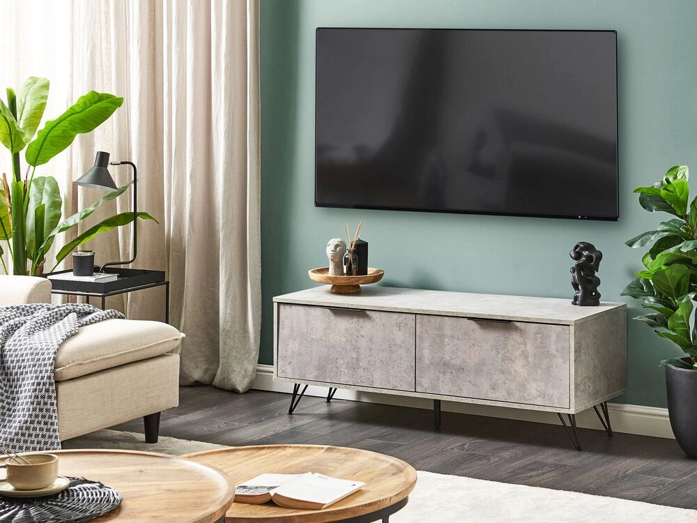 Mobile TV grigio nero 120 x 40 cm MDF 2 ripiani effetto cemento gambe in metallo gestione moderna dei cavi
