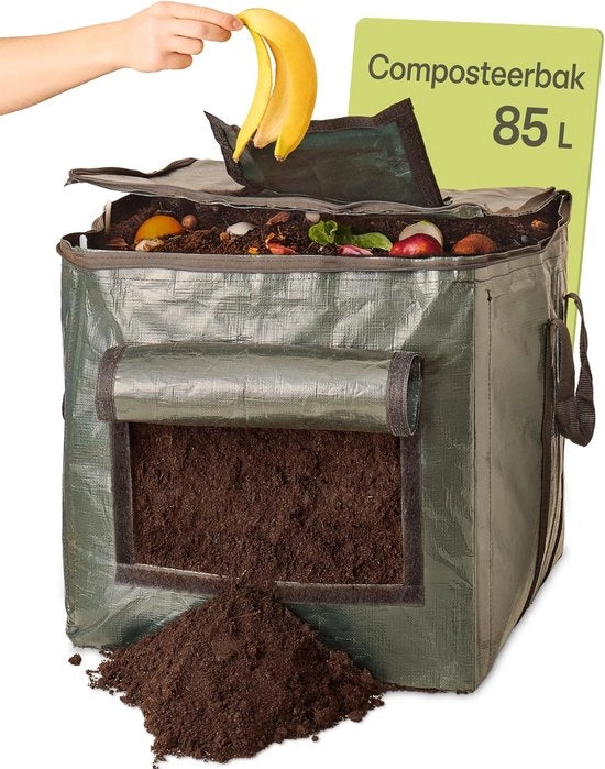 Compostatore Piccolo 85 L - Resistente alle Intemperie - Costruzione Extrastatica - Con Ventilazione e Fissaggio del Fondo - Compostatore Rapido per Rifiuti di Cucina e Giardino