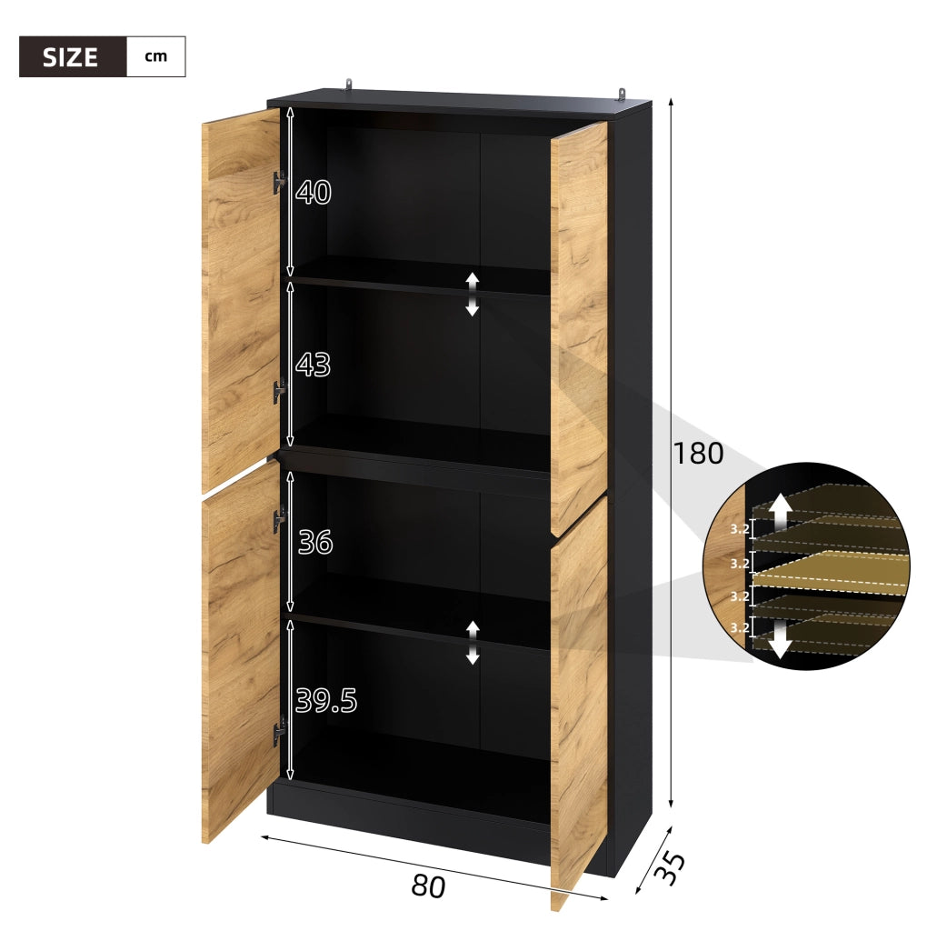 Armadio alto ULEVR 80x35x180 cm con ripiani regolabili e cerniere soft-close, nero e effetto rovere