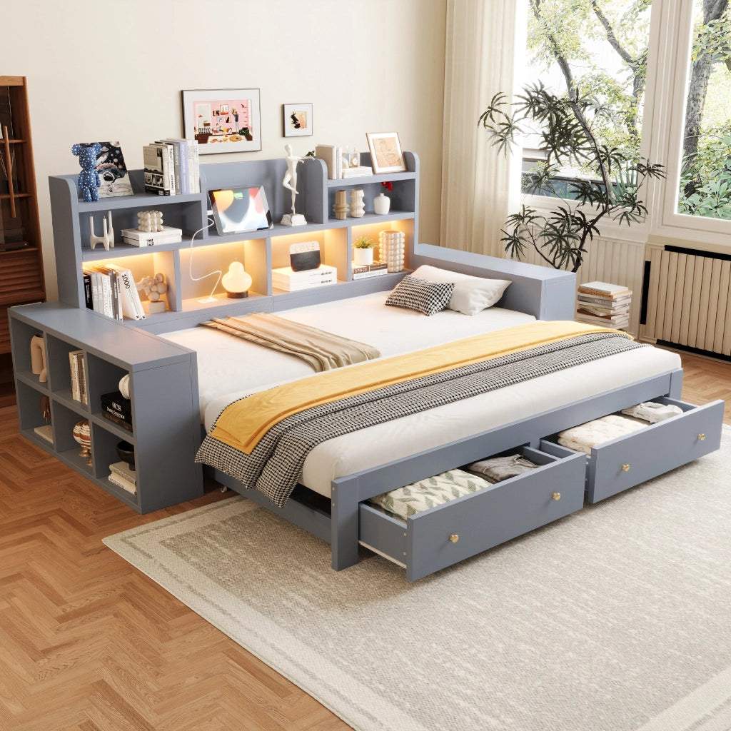 Divano letto estraibile 90x200 cm con vani portaoggetti; LED e prese grigio