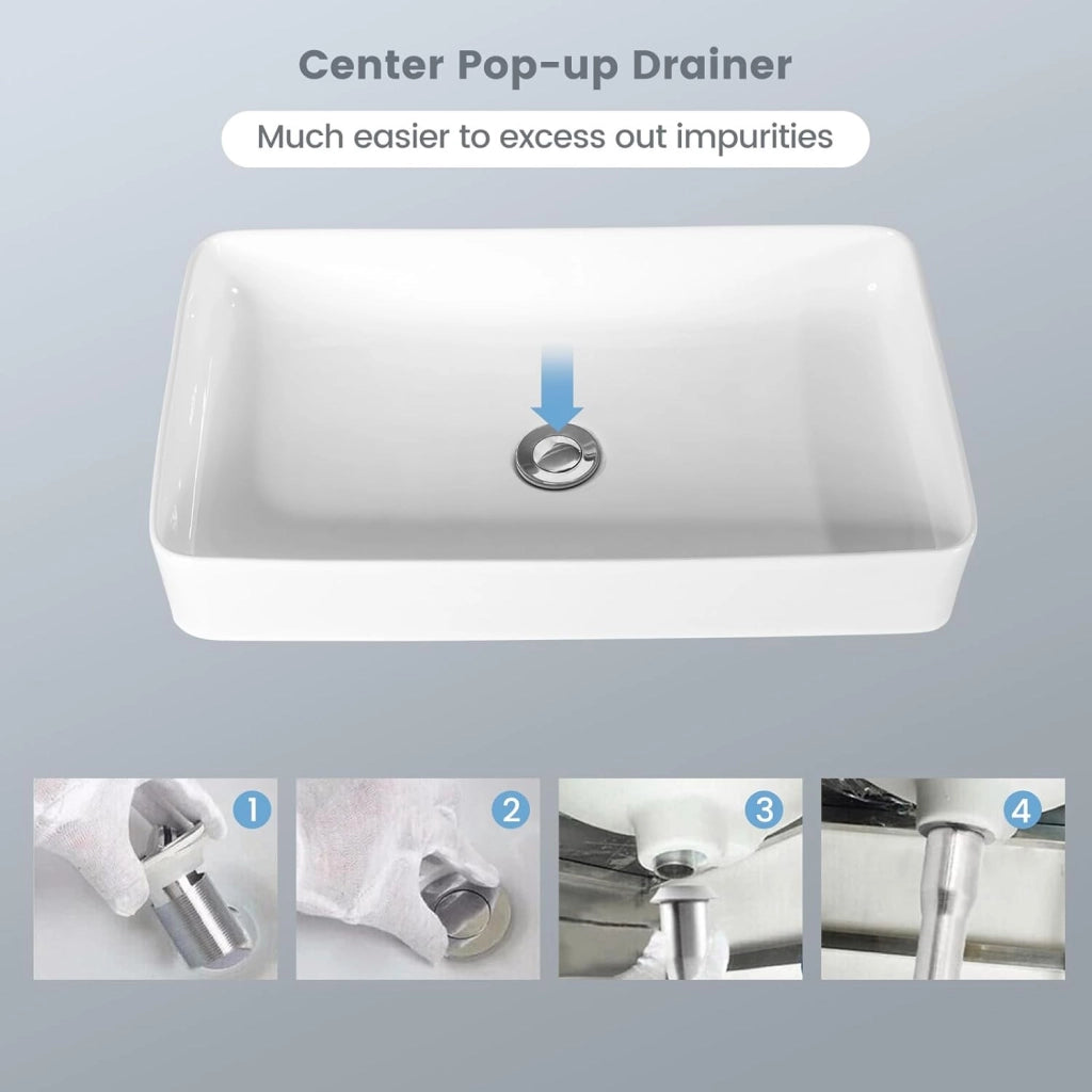 Lavabo da Appoggio Angolare, Lavandino Bagno in Ceramica, Mobile Lavabo Bagno con Scarico Pop-up, per Bagno e WC Degli Ospiti, 60x35x11cm