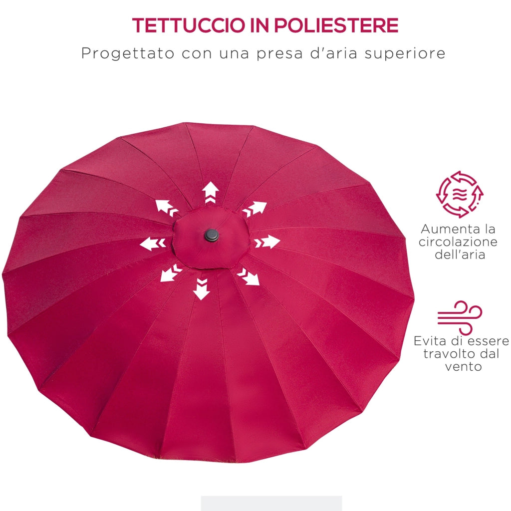 Ombrellone Rotondo Ø250x240 cm a 18 Stecche in Metallo e Poliestere Rosso Vino