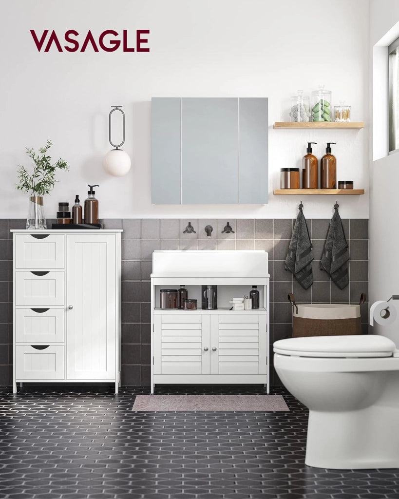 VASAGLE Mobile da Bagno, Armadietto Autoportante, Mobiletto in Legno con 4 Cassetti e Anta, Ripiano Regolabile, per Soggiorno, Cucina, Corridoio, Bianco LHC41W