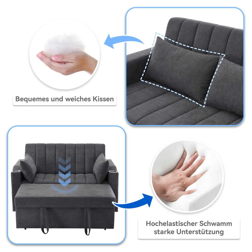 OKWISH Divano Letto 2 Posti, Schienale Regolabile a 3 Posizioni, Portabicchieri, 2 Cuscini e Tasche, Cotone Lino Grigio