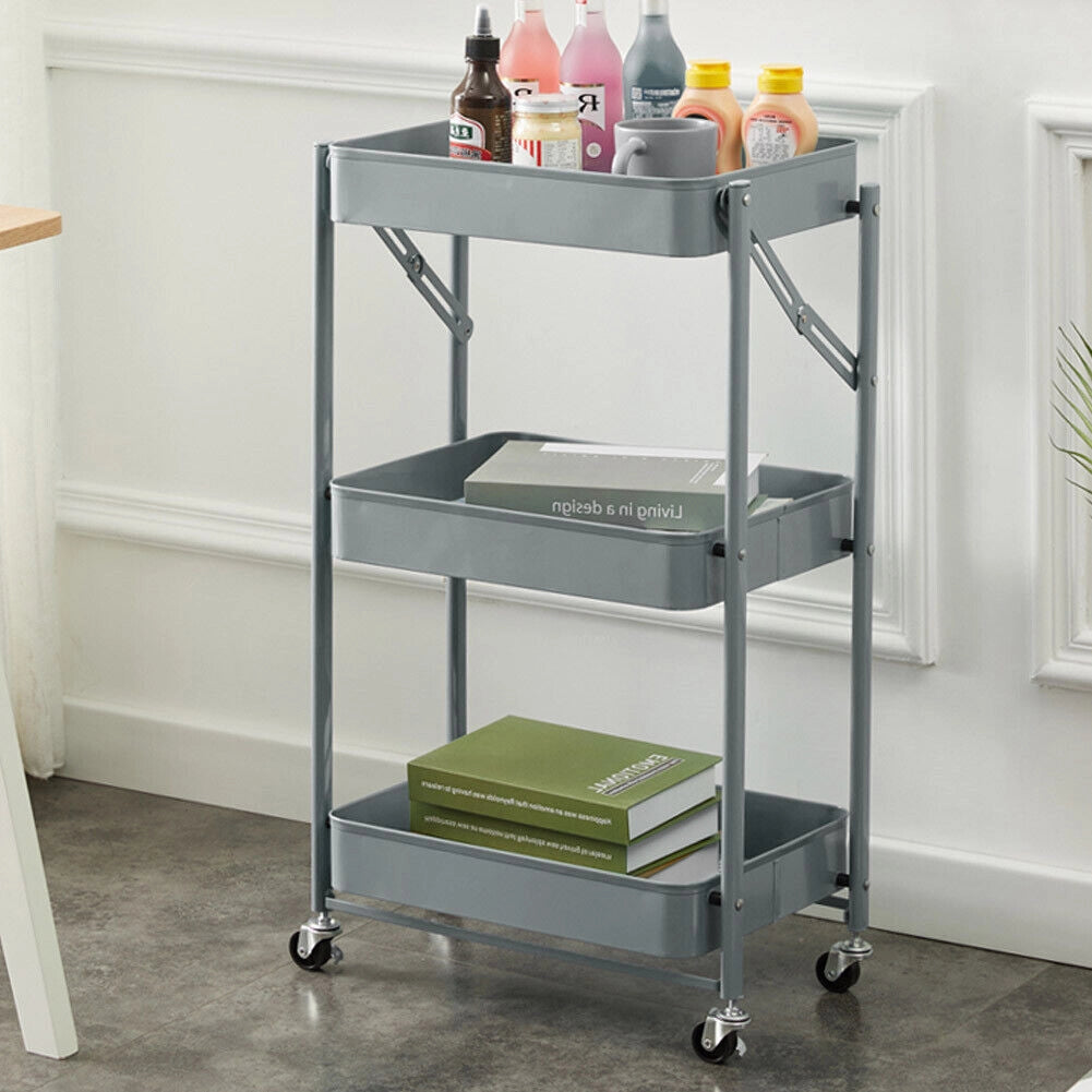Carrello cucina Slim Pieghevole 3 Ripiani Metallo Trolley Servizio 4 Ruote Grigi