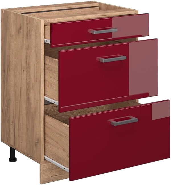 Mobiletto base per cucina R-Line, Rosso lucido, 60 cm con cassetti, senza piano di lavoro, per la libera combinazione all'interno di sistemi cucina modulari
