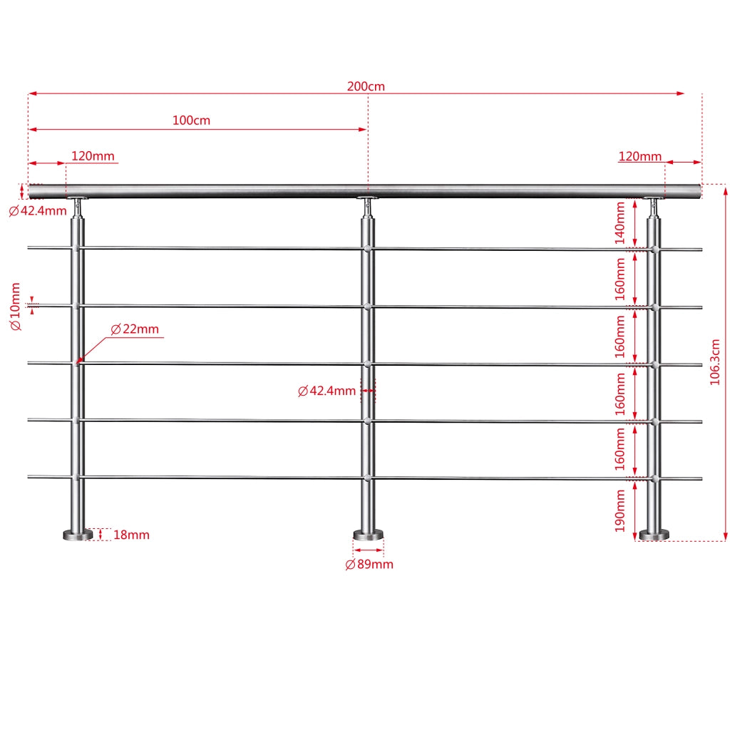 Balaustra Corrimano Ringhiera in acciaio inox 304 spazzolato 200x106cm per interni ed esterni 5 barre trasversali