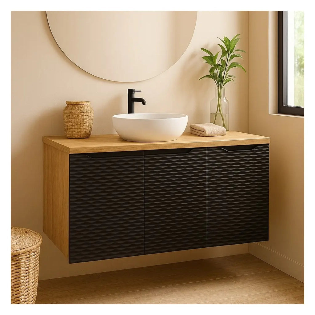Set da bagno YOKA nero: mobile sotto lavabo con armadietti 90cm + piano lavabo