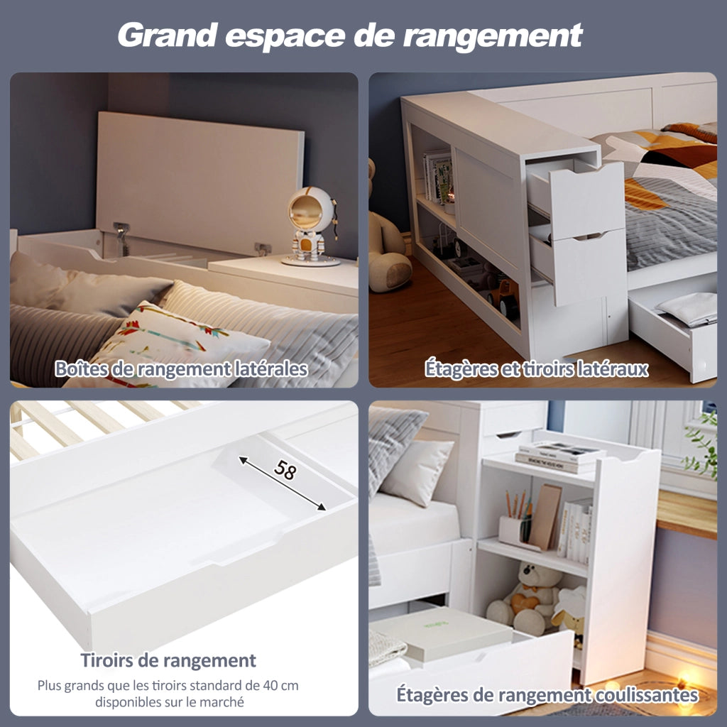 Letto Singolo 90x190 cm; 1 Posto - con Cassetti e Vano Laterale - in MDF - Bianco