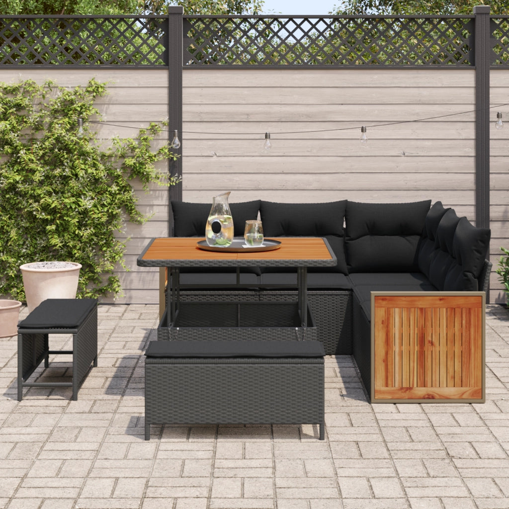 Set di divani da giardino  8 pezzi con cuscini in polyrattan nero e acacia