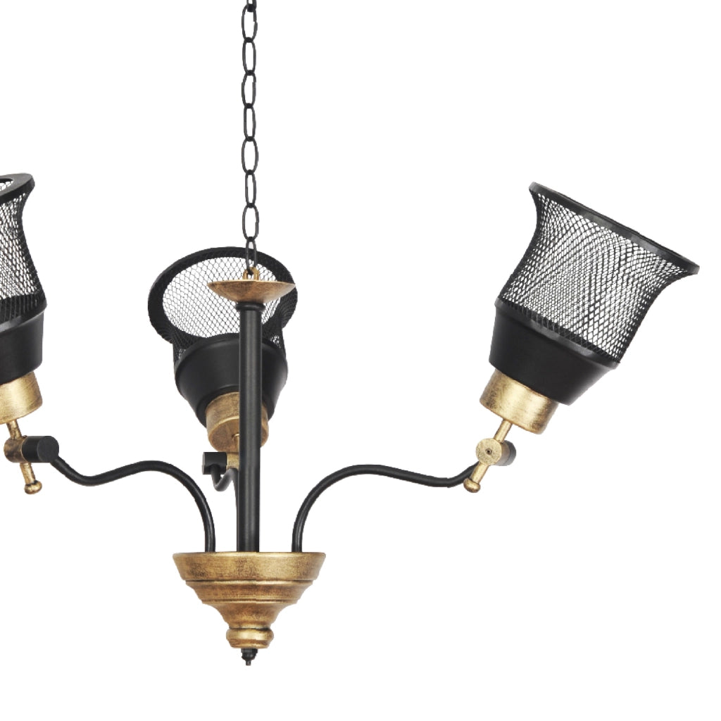Lampadario a 3 Bracci con Paralumi Reticolati e Regolabili in Verticale - Lampada da Soffitto in Metallo - Nero / color Oro Anticato - lux.pro