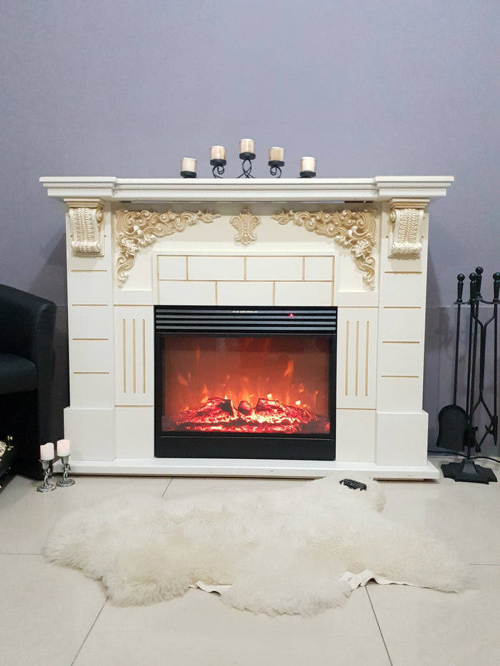 Camino Elettrico da Pavimento 111x145x38 cm Effetto Fiamma 1950W Imperial & Mirabella Avorio