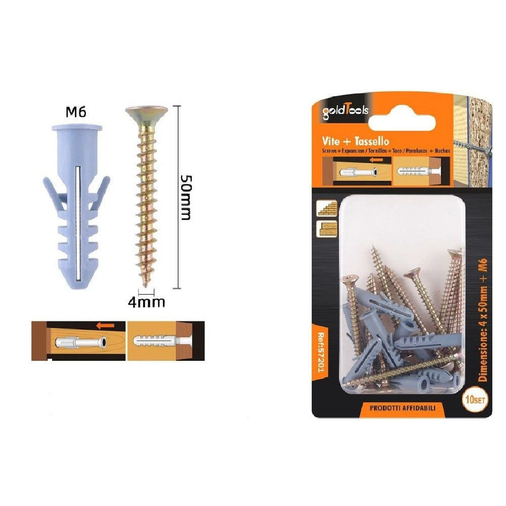 Trade Shop - Set 10 Pezzi Viti Vite 4 X 50 Mm + Tasselli Con Alette Tassello M6 Fischer 57201 -