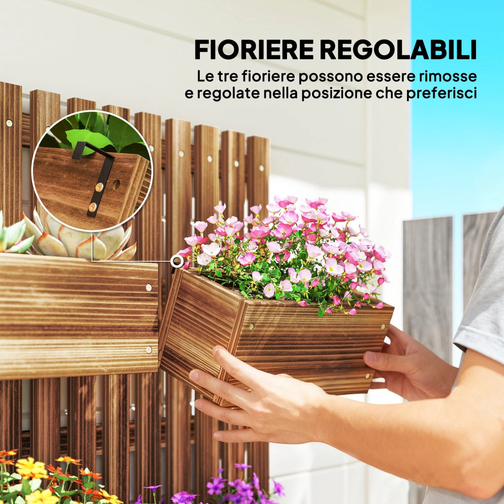 Fioriera Verticale a Doghe con 3 Vasi Rimovibili ¨C zephmum ¨C Legno di Abete, Marrone Bruciato, 60x16x80 cm