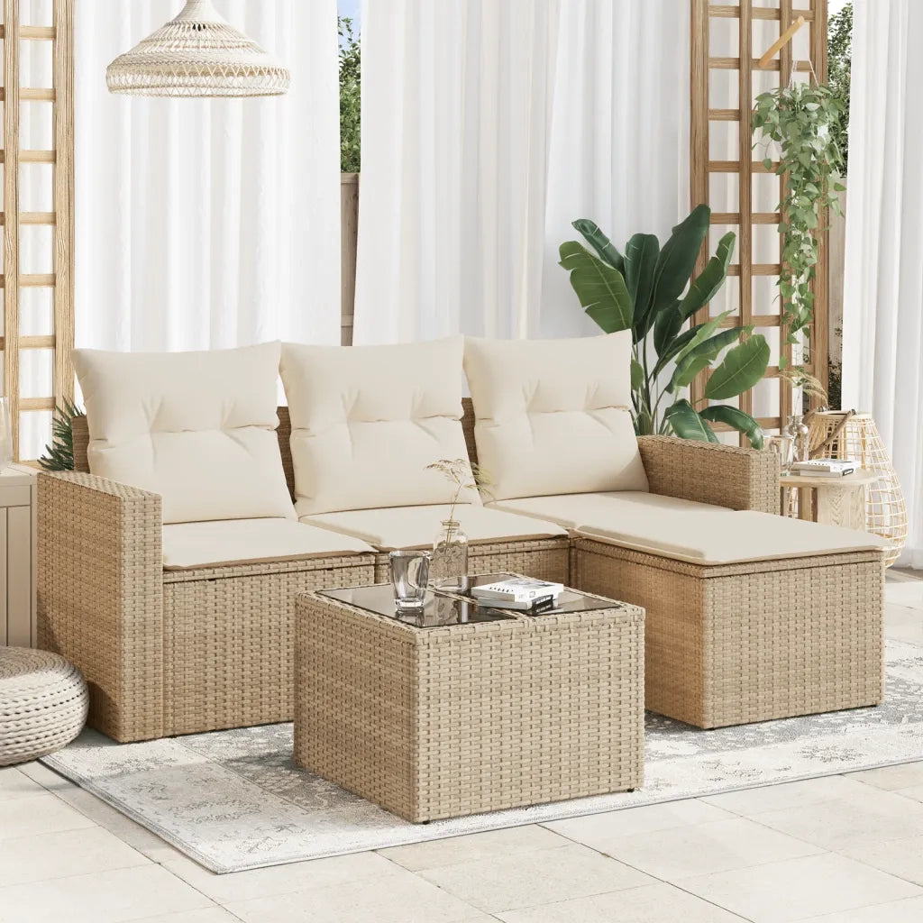 Set Divano da Giardino 5 pz con Cuscini-Sofa da Giardino-Divanetto da esterno Beige in Polyrattan 488446
