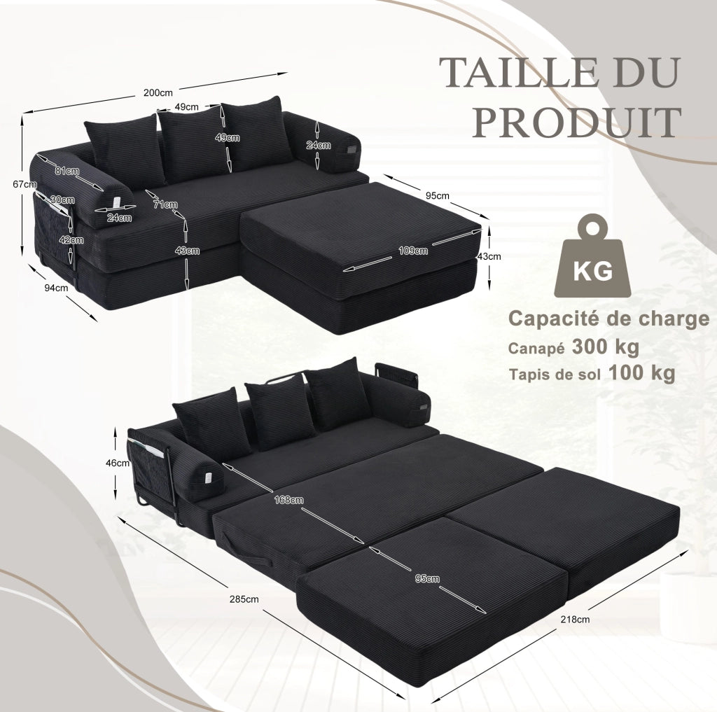 Divano modulare ULEVR 200x190 cm in velluto a coste nero con ottomana, tasca laterale e 3 cuscini