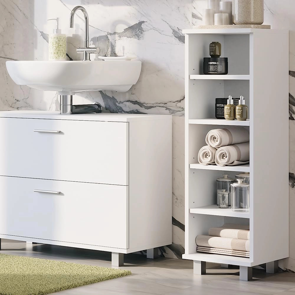 Mobiletto midi Ilias, Bianco, 30.2 x 95 cm con 5 scomparti aperti, con vani a giorno per una conservazione ordinata