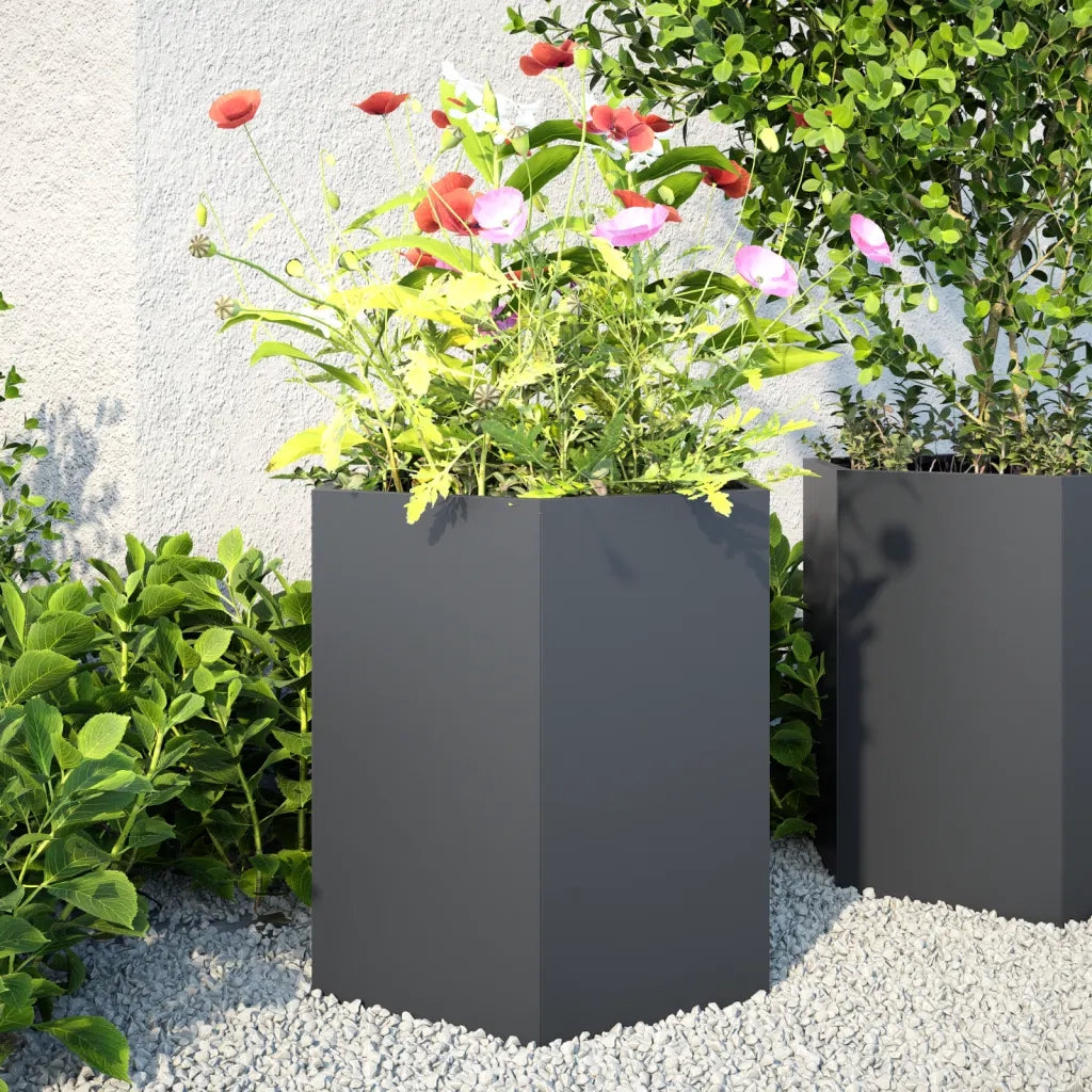 2 pz Fioriere | Cassetta per fiori | Vaso da Giardino Antracite Esagono 46x40x45 cm Acciaio