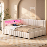 Divano letto angolare imbottito in velluto 140x200 cm con LED; USB e testiera Beige