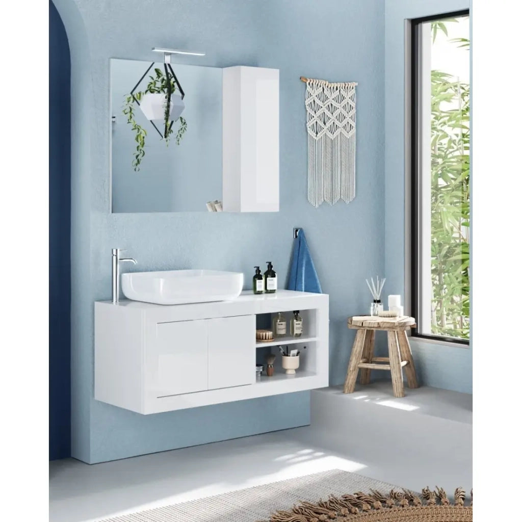 Mobile bagno sospeso ISORA – 1 lavabo – 2 porte – 92 cm – Bianco lucido – Design moderno