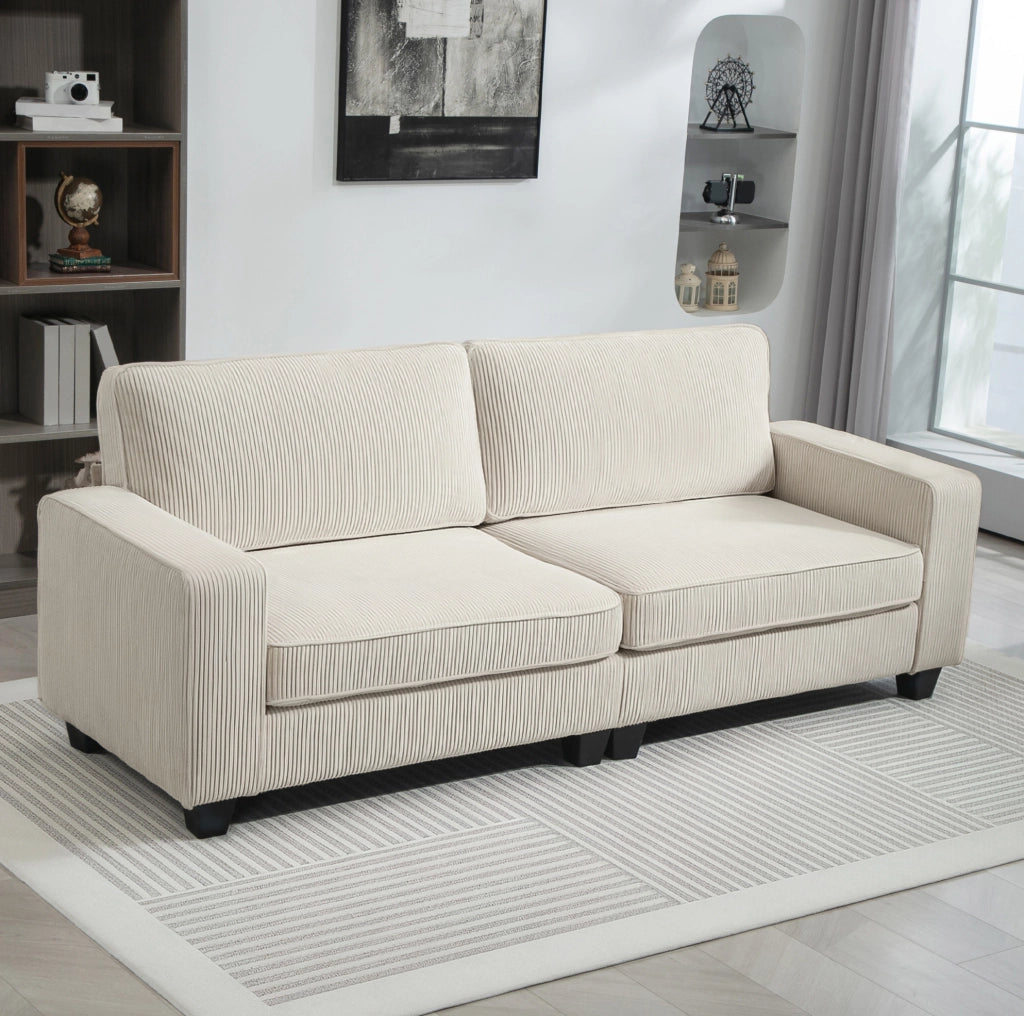 Divano 3 posti in tessuto a coste crema con struttura robusta 227x84x87 cm