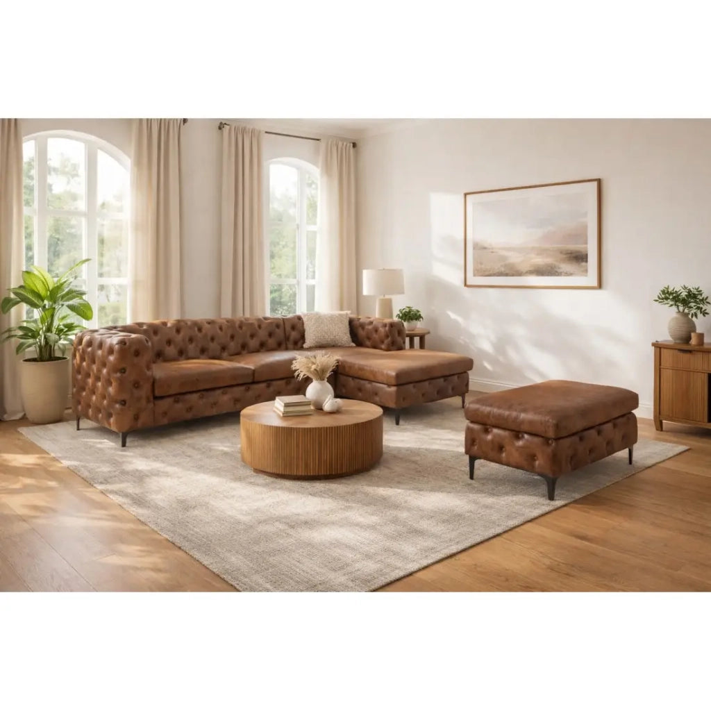 Divano ad angolo VELENA marrone con pouf – Divano barocco in microfibra con struttura in legno massiccio