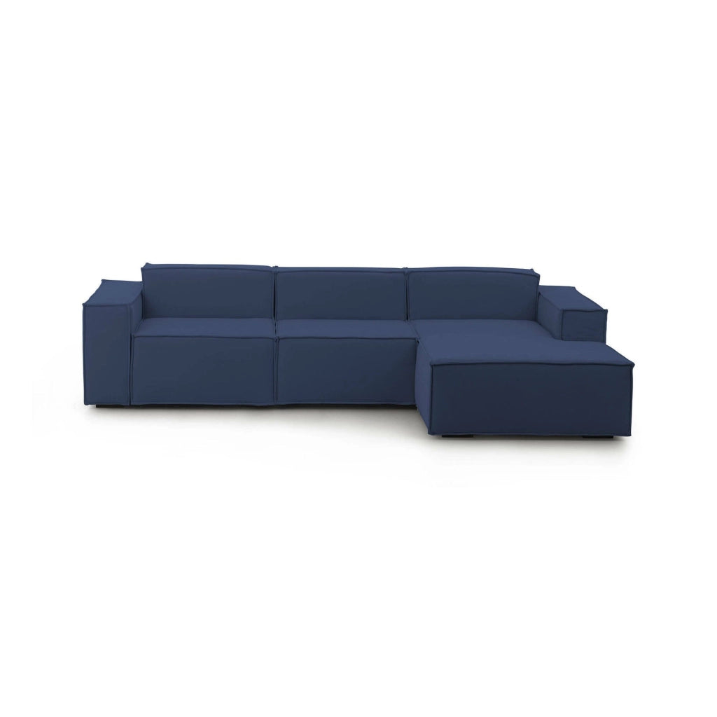 Divano fisso Ananas, Divano componibile a 3 posti con penisola destra, Made in Italy, SofÒ  moderno in tessuto, Cm 300x170h70, Blu