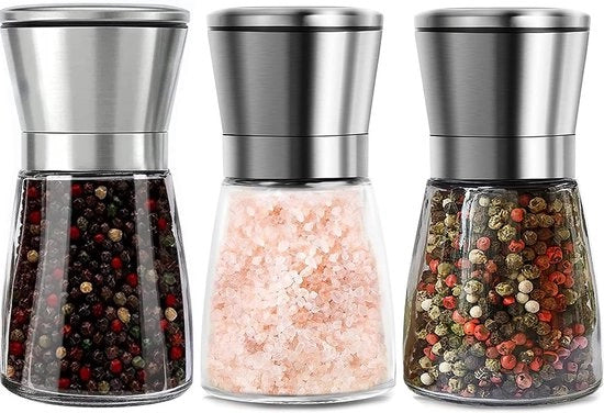 Set di 3 macinadores di spezie - macinatore di spezie manuale - 180 ml - lama regolabile - coperchio in acciaio inossidabile - contenitore in vetro - spezie - sale - pepe