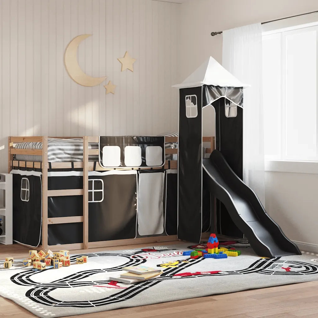 Letto a Castello con Scivolo e Tende Bianco e Nero 80x200 cm 3284206