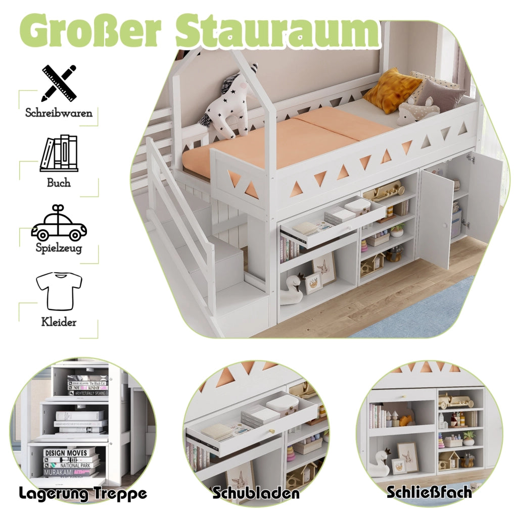 Letto per bambini 90x200 cm con scivolo; scala e cassetti; in legno massiccio bianco