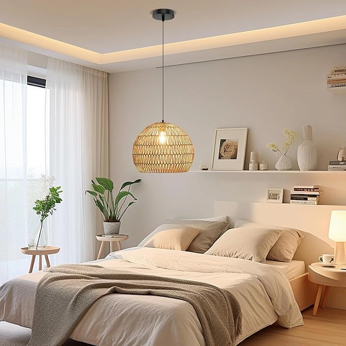 Lampada a Sospensione, Lampadario Moderno con Struttura in Metallo e Cupola in Carta, Luce con Altezza Regolabile per Cucina, Camera da Letto e Soggiorno, 43 x 43 x 34 cm (Marrone) [Classe di efficienza energetica F]