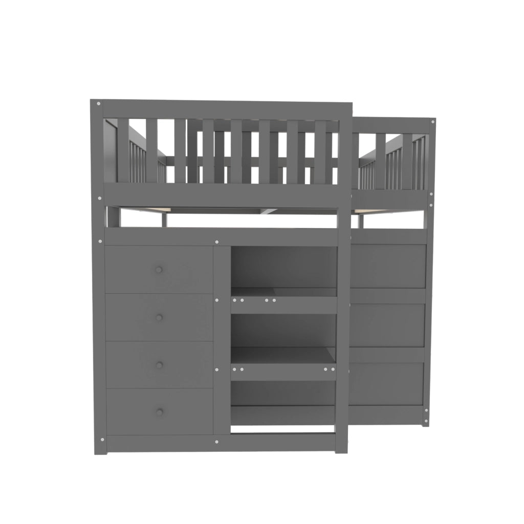 OKWISH Letto a Castello Basso 140×200 cm, Letto Matrimoniale con 4 Cassetti, Scala e Sponda Alta, senza Materasso, in Legno, Grigio