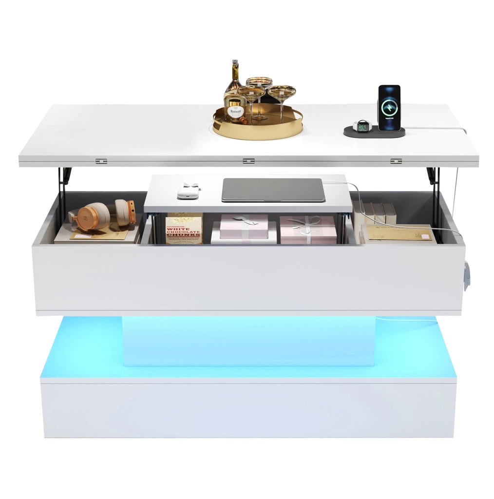 Tavolino da caffè bianco sollevabile 100×50 cm con LED, prese, USB-C e vano contenitore
