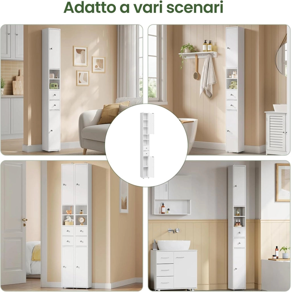 Armadio Alto da Bagno, Mobiletto da Bagno, Colonna Bagno Stretta, 20 x 20 x 180 cm, Mobiletto Salvaspazio Stretto, con Ripiani Regolabili, per Spazi Ridotti, Soggiorno, Corridoio, Bianco 0257WY