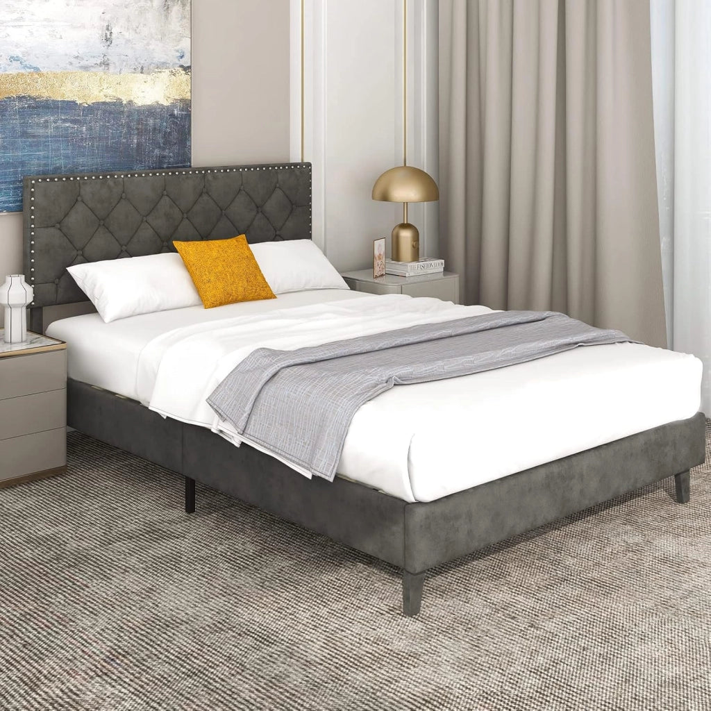 Telaio del Letto a Piattaforma Imbottito, Struttura Letto Moderna con Testiera, con Doghe in Legno, Carico Massimo 450kg (200 x 140 cm)