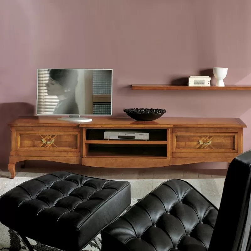 Porta tv classico 2 cassetti intarsio legno bassano 200x55x52 - Mobili 2G