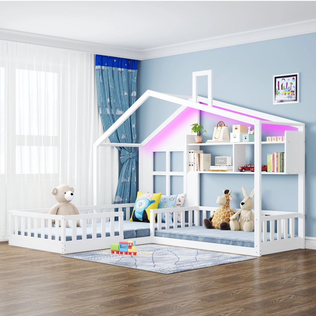 Letto per bambini a casetta 90 × 200 cm con LED, ripiani e barriera di sicurezza, senza materasso, bianco