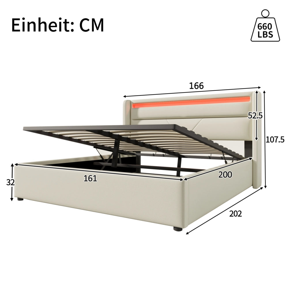 Letto matrimoniale imbottito 160x200 cm con contenitore; LED e rete ribaltabile; bianco in PU