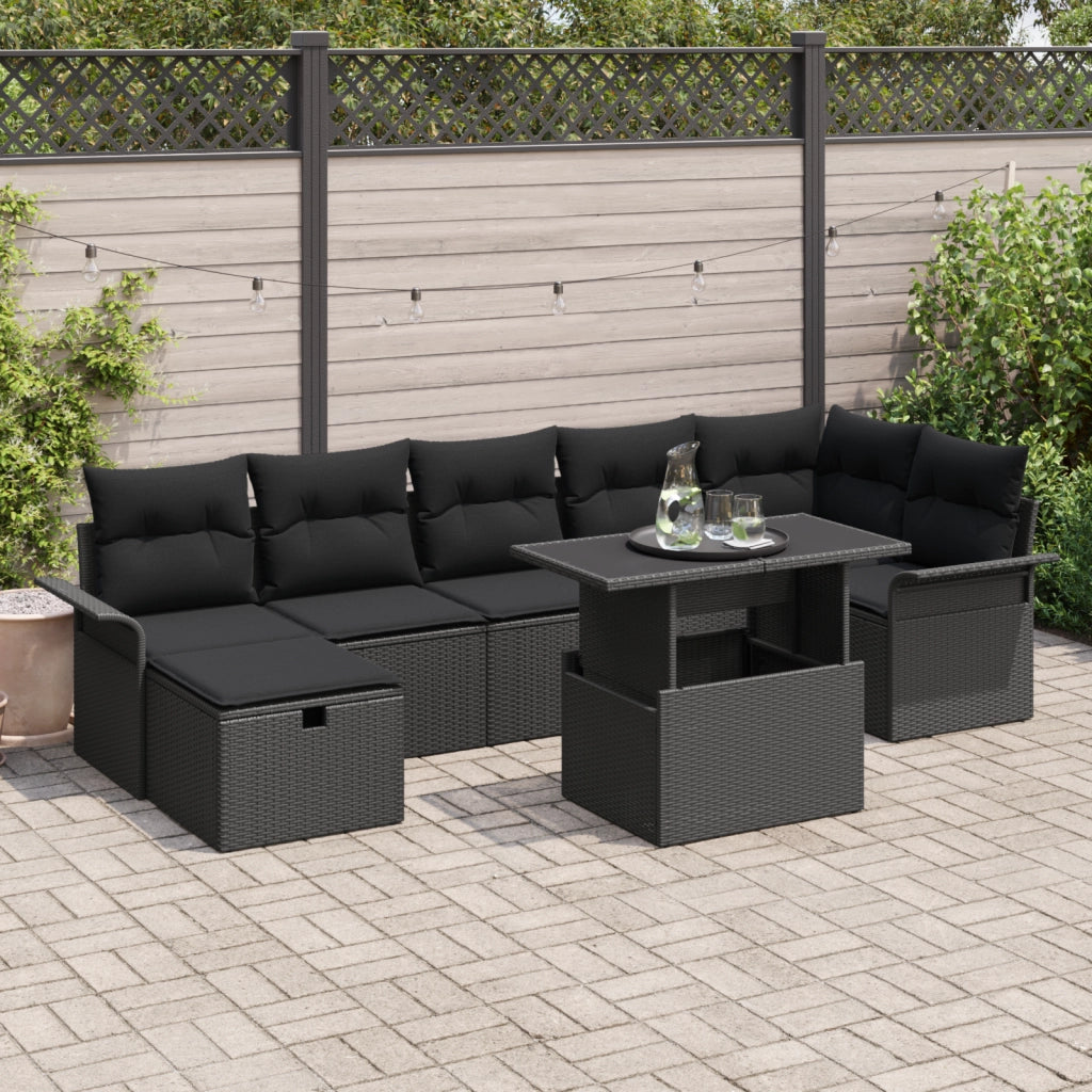 Set Divano da Giardino 8 Pezzi con Cuscini Nero Polyrattan