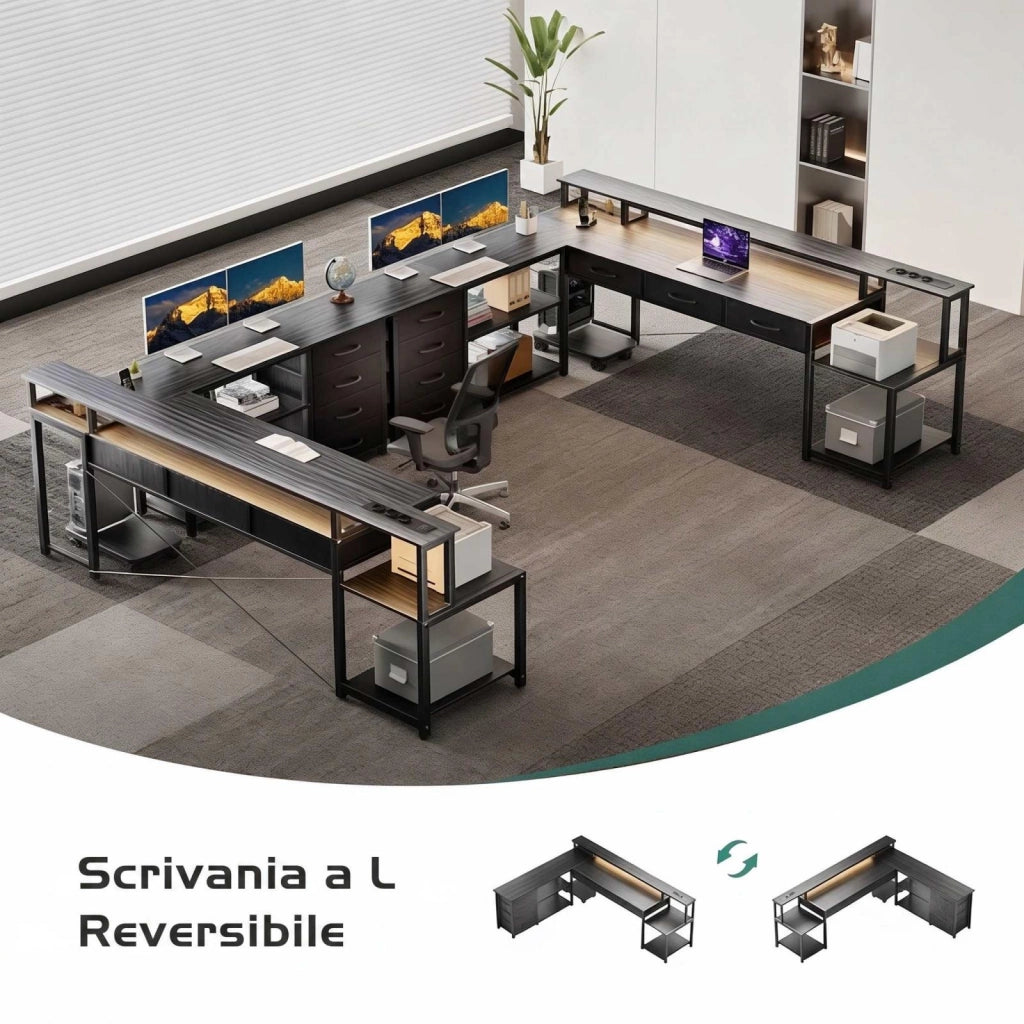Scrivania per computer a L, scrivania da gaming, con cassetti, prese di corrente integrate, luci d'atmosfera, grigia