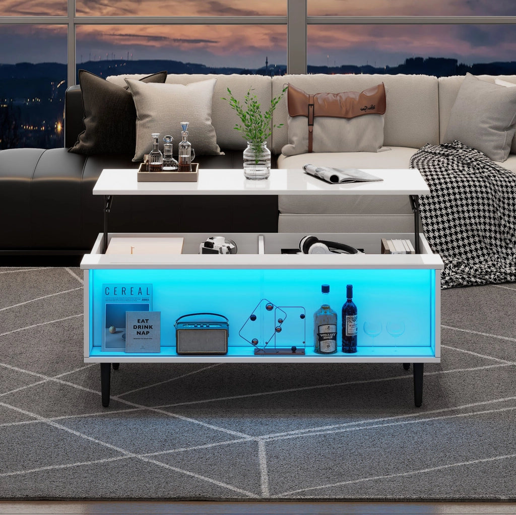 Tavolino da caffè sollevabile 105x50x43 cm con LED; contenitore e ante in vetro bianco