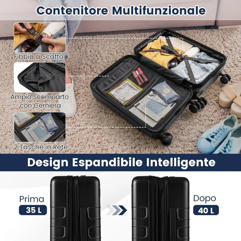 Valigia Bagaglio a Mano 20" con Tasca Frontale, Porta USB, Trolley Bagaglio a Mano con Serratura, Ruote Girevoli, Manico Regolabile (Senza Beauty + Nero)