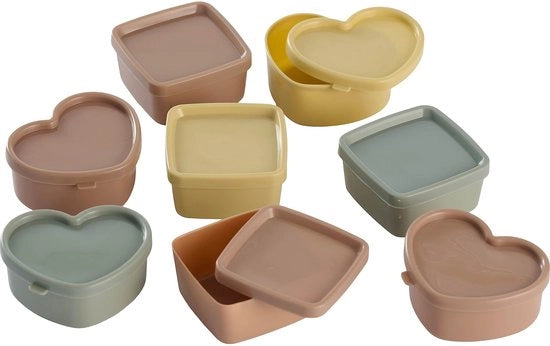 Set di 8 contenitori per conservazione alimentare in plastica, colore giallo, rosa e verde