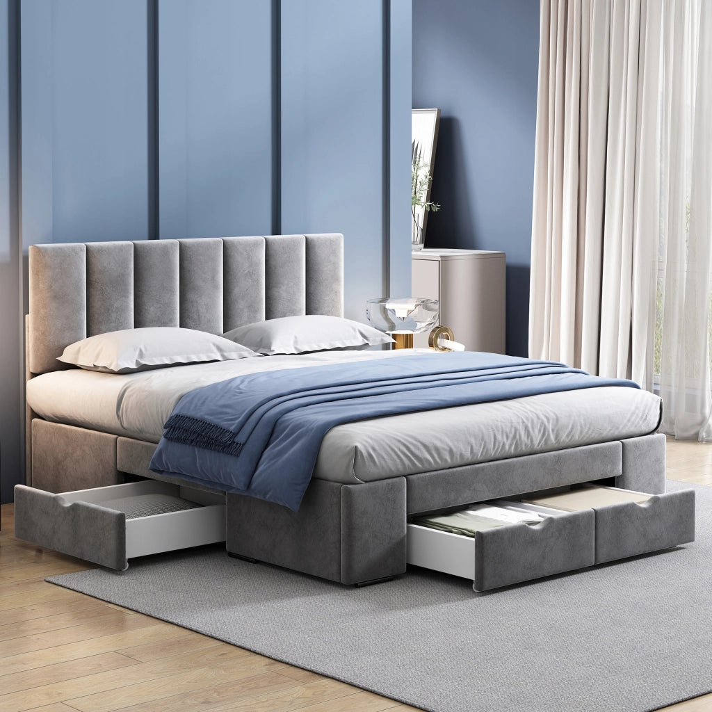 Letto 140x200cm - Xylo - Velluto, 4 cassetti, struttura, grigio