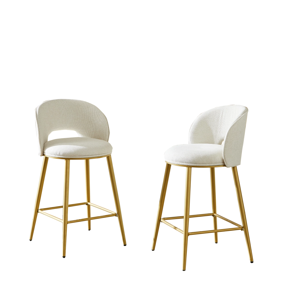 Sgabello da bar in tessuto chenille con schienale traforato e poggiapiedi, struttura in metallo beige per cucina