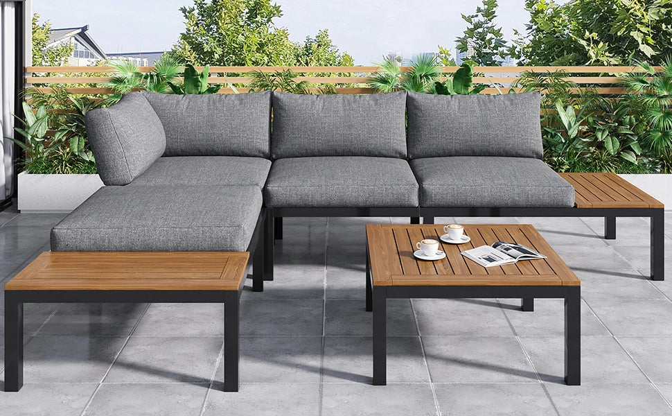 Set salotto giardino: 2 Divanooi 2 posti + 2 tavolini + 1 tavolo; piano acacia; cuscini tessuto; grigio