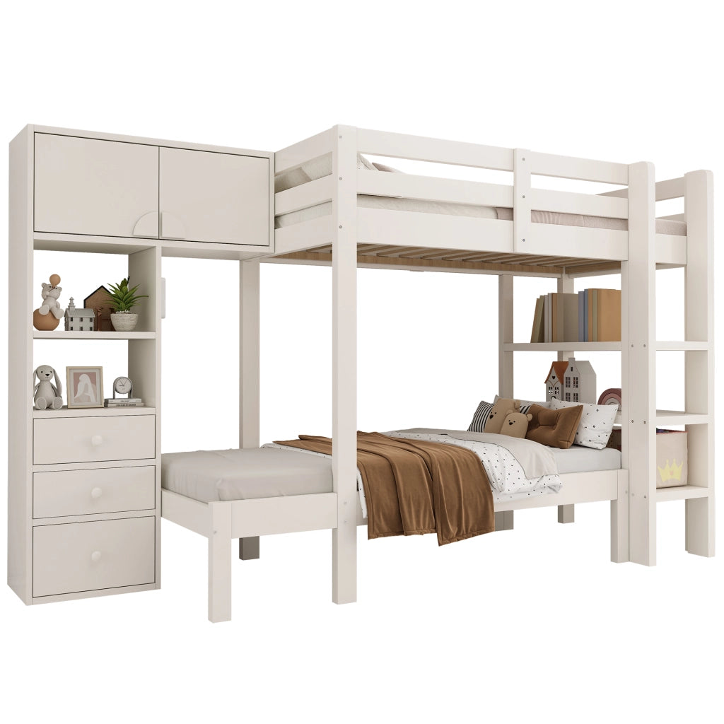 LETTO A CASTELLO SFALSATO 90x200 cm Bianco Metallo e Legno con Ripiani e Cassetti